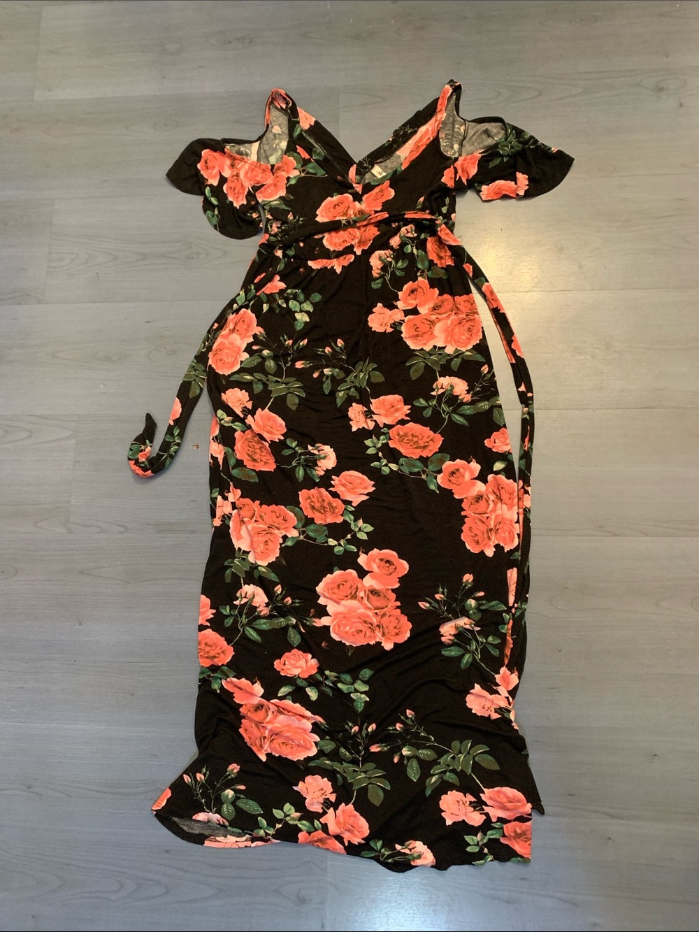 Emerald Black Maxi Dress with Coral Floral Print